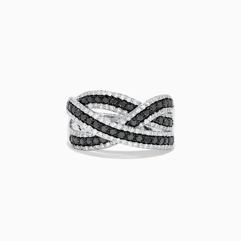 knuckle women's rings -14K White Gold Black and White Diamond Cross Over Ring