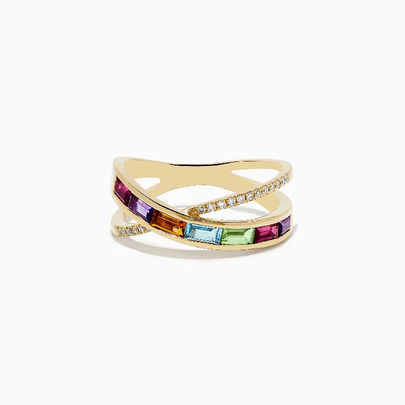 waterproof women's rings -Mosaic 14K Yellow Gold Multi Stone and Diamond Crossover Ring