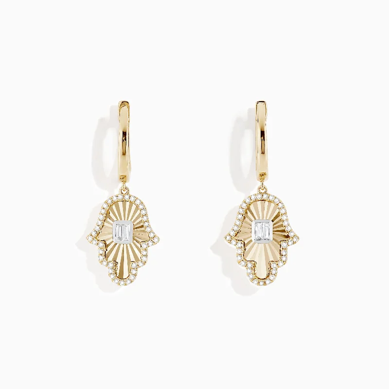 Ladies Bridal Earrings -Novelty 14K Two Tone Gold Diamond Hamsa Earrings