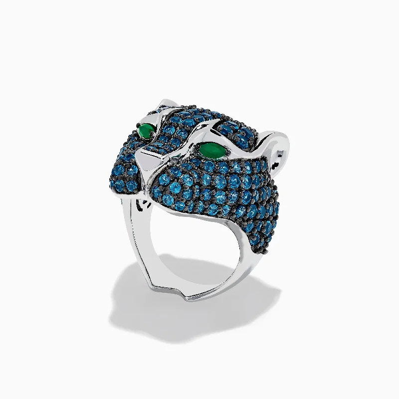 open-ended women's rings -925 Sterling Silver Blue Topaz and Green Onyx Panther Ring