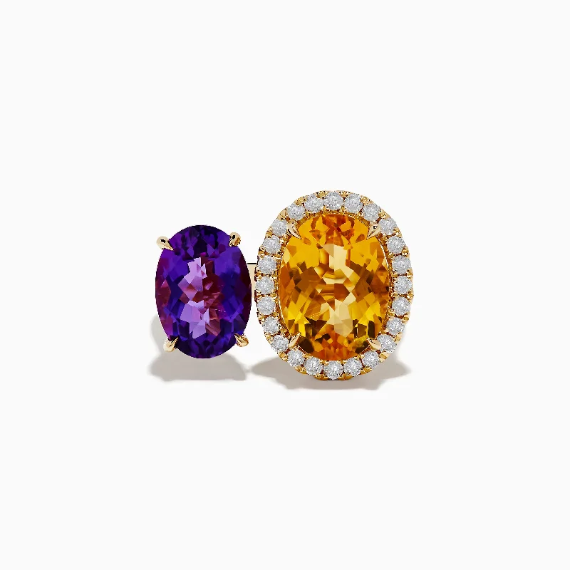 twist design women's rings -14K Yellow Gold Amethyst and Citrine Diamond Toi Et Moi Ring