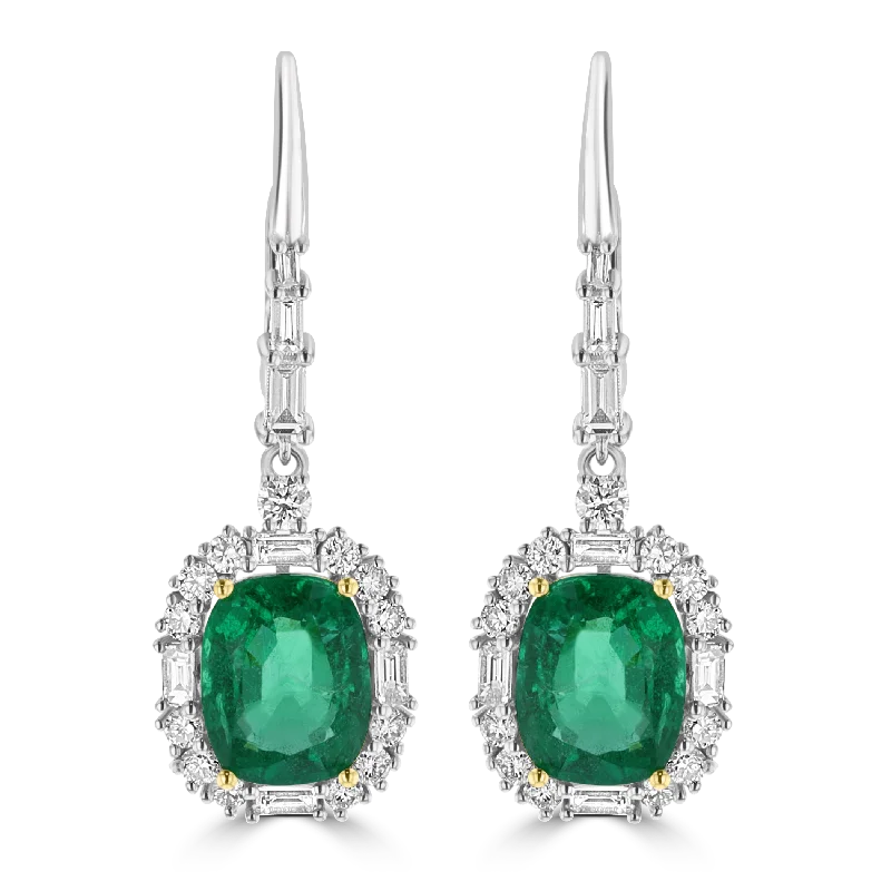 Ladies Quirky Earrings -JULEVE 18KT WHITE GOLD 5.19 CTW EMERALD & 1.50 CTW DIAMOND HALO DROP EARRINGS