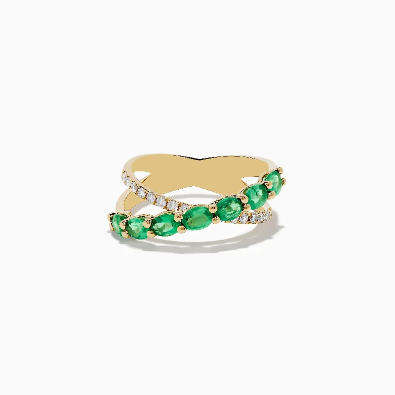 trillion-cut women's rings -Braslica 14K Yellow Gold Emerald and Diamond Crossover Ring