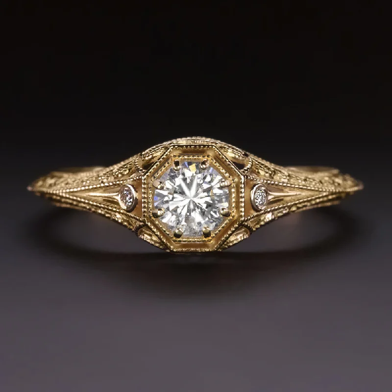 Boho Engagement Rings -VINTAGE STYLE DIAMOND ENGAGEMENT RING 0.36ct E-F SI 14k YELLOW GOLD FILIGREE