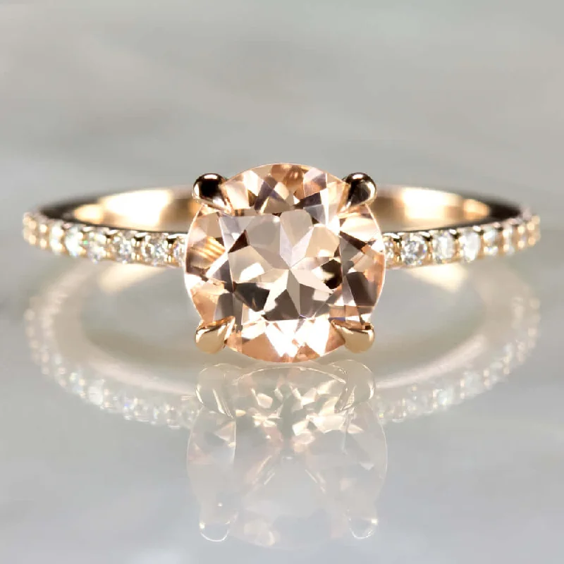 Colored Stone Engagement Rings -1.7ct PEACH MORGANITE NATURAL DIAMOND ENGAGEMENT RING ROUND CUT ROSE GOLD PAVE