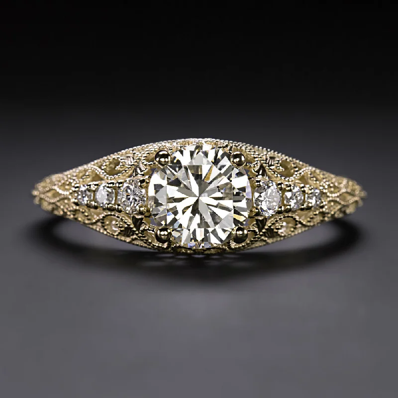 Diamond Engagement Rings -VINTAGE STYLE DIAMOND ENGAGEMENT RING 14k YELLOW GOLD FILIGREE NATURAL ROUND