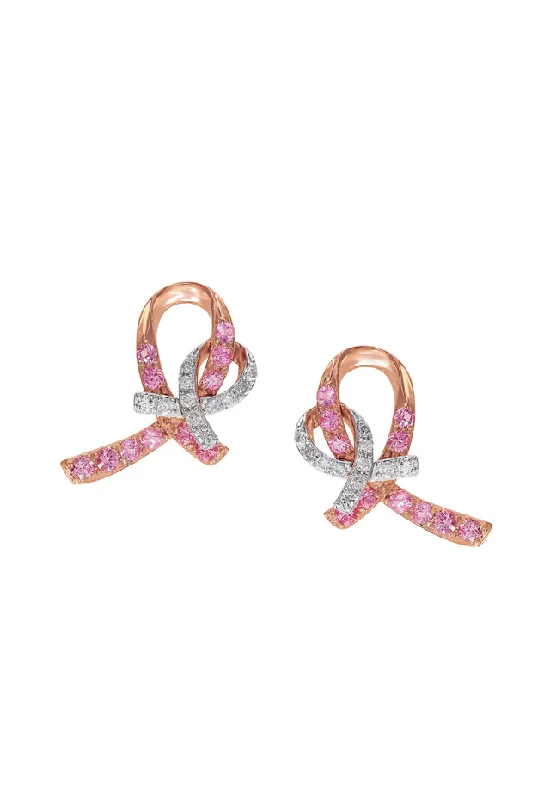 Ladies Heart Earrings -14K Rose Gold Pink Sapphire and Diamond Breast Cancer Awareness Ribbon Earrings, 0.54 TCW