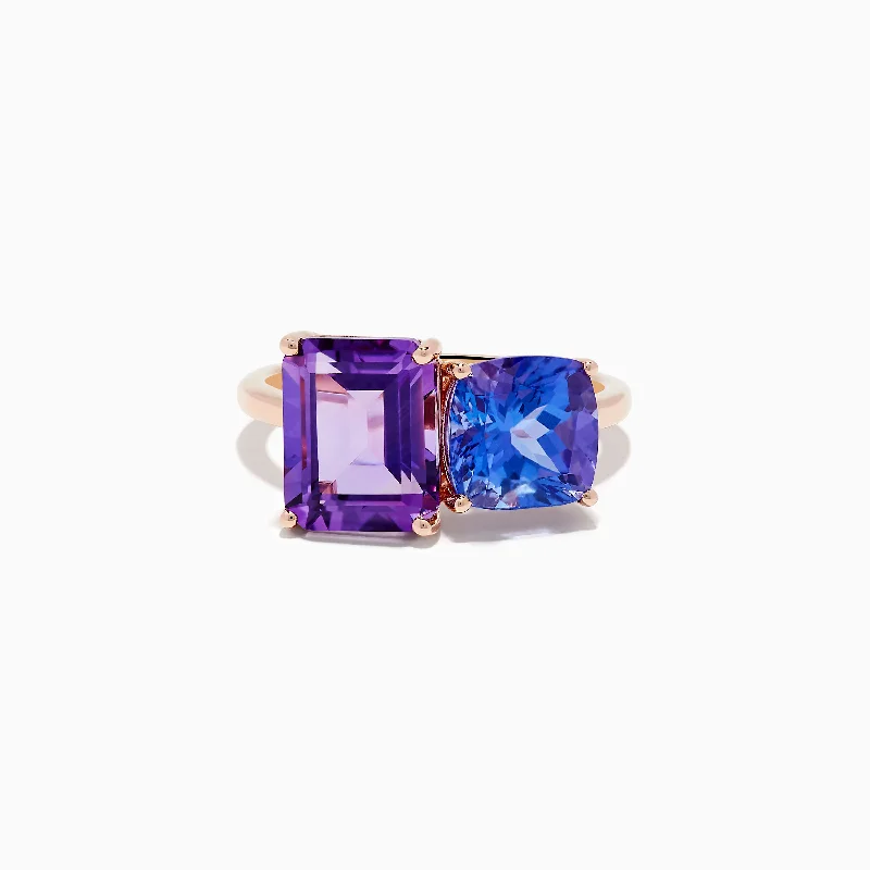 moissanite women's rings -14k Rose Gold Amethyst and Tanzanite Toi Et Moi Ring