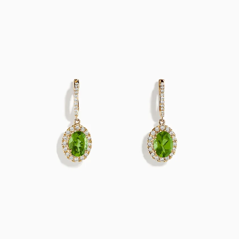 Ladies Blue Earrings -14K Yellow Gold Peridot and Diamond Earrings