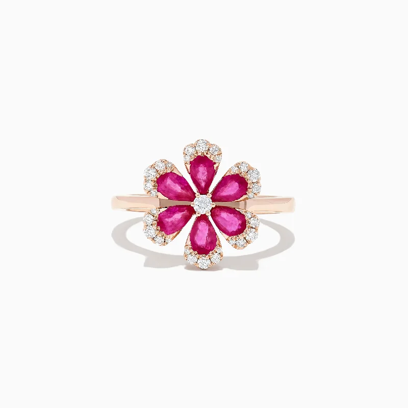 nature-inspired women's rings -Nature 14K Rose Gold Ruby and Diamond Flower Ring, 1.76 TCW