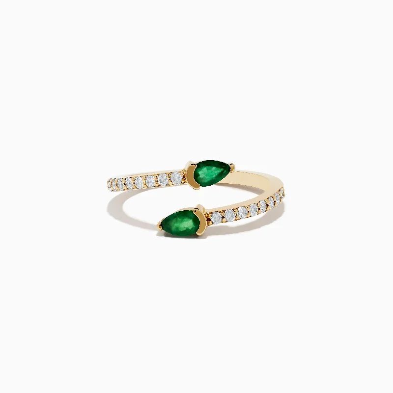 ethical women's rings -14K Yellow Gold Emerald and Diamond Bypass Ring