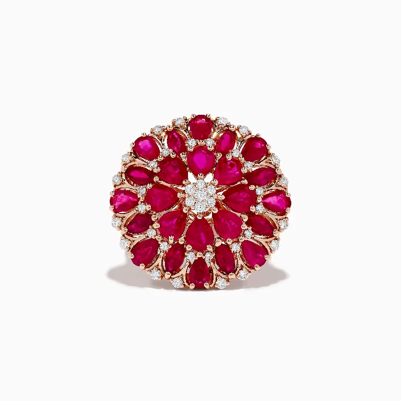 aquamarine women's rings -14K Yellow Gold Ruby and Diamond Flower Cocktail Ring