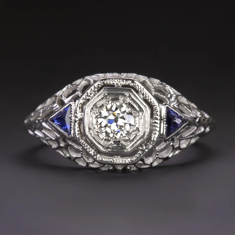 Magical Engagement Rings -ART DECO DIAMOND ENGAGEMENT RING SAPPHIRE 18k WHITE GOLD FILIGREE OLD EUROPEAN