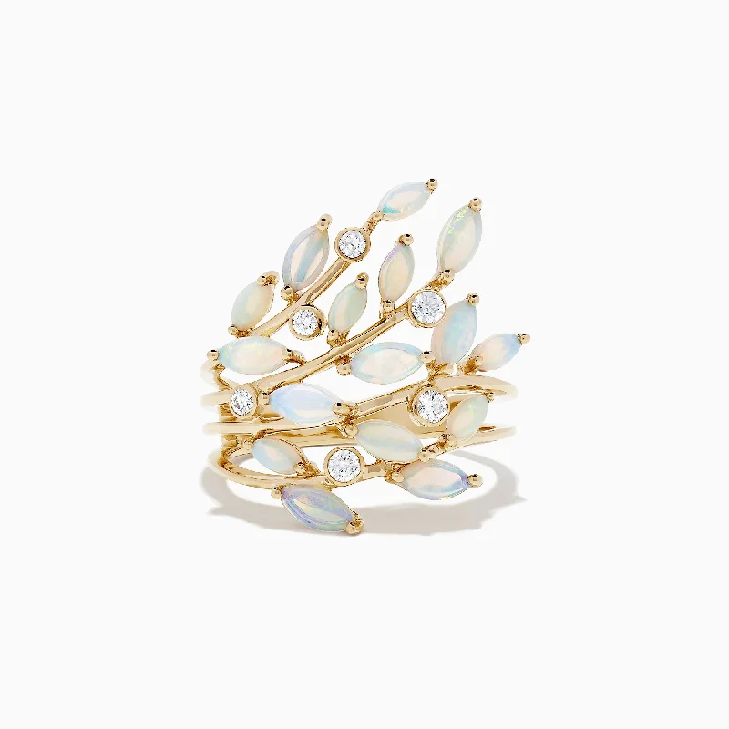 ethical women's rings -Aurora 14K Yellow Gold Opal and Diamond Filagree Leaf Ring, 1.81 TCW