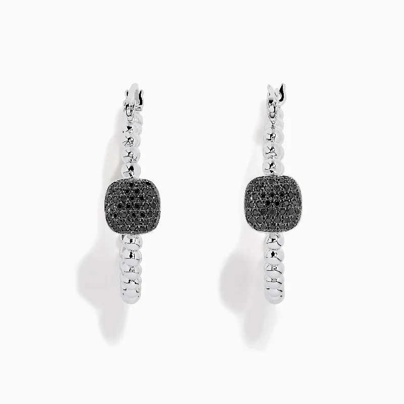 Ladies Ethnic Earrings -925 Sterling Silver Black Diamond Hoop Earrings, 0.25 TCW