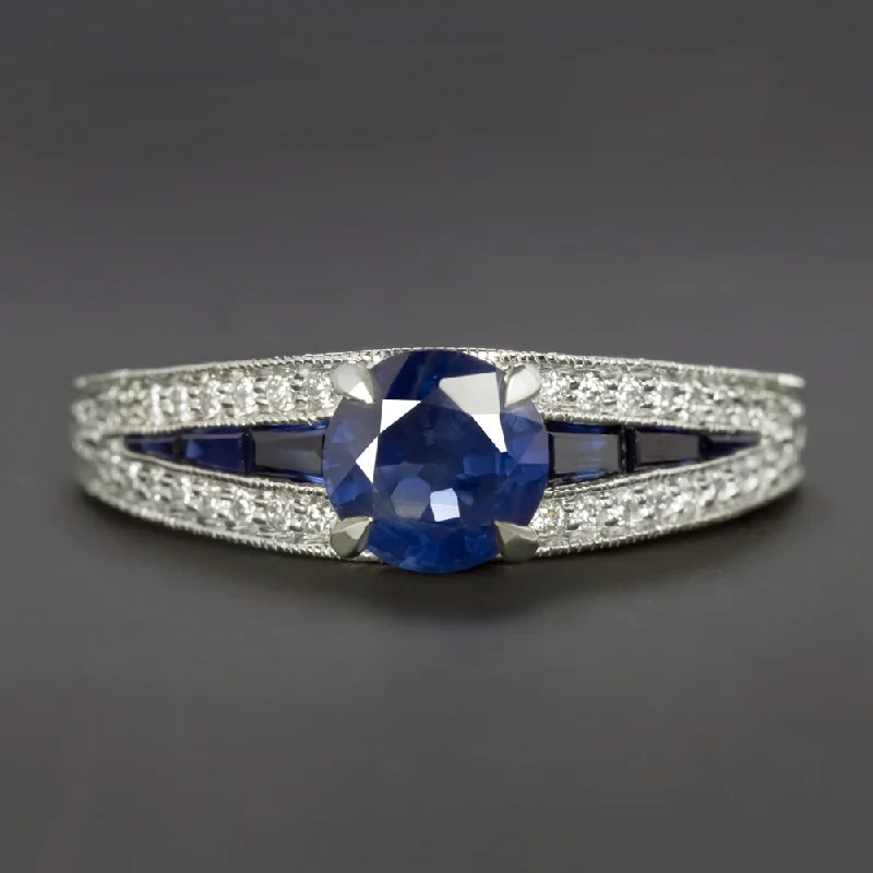 Statement Engagement Rings -SAPPHIRE DIAMOND COCKTAIL RING 14k WHITE GOLD NATURAL ENGAGEMENT ROUND CALIBRE