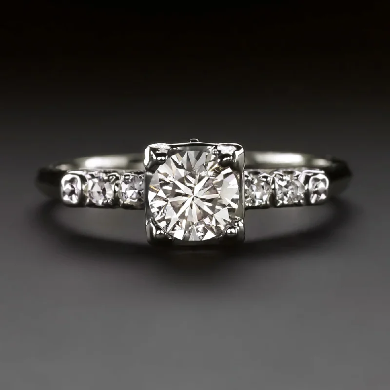 Unique Engagement Rings -VINTAGE DIAMOND ENGAGEMENT RING VERY GOOD ROUND CUT 14k WHITE GOLD 1/2ct CLASSIC