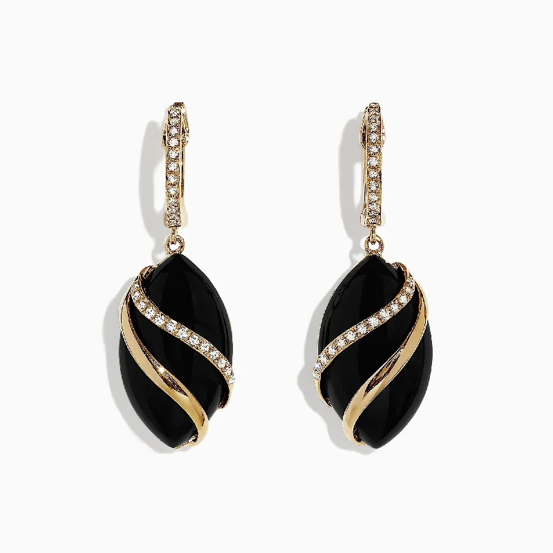 Ladies Flower Earrings -Eclipse 14K Yellow Gold Onyx and Diamond Drop Earrings, 11.53 TCW