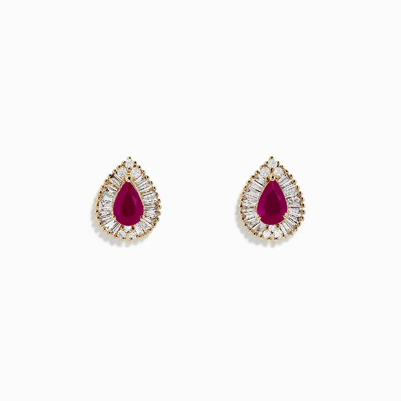 Ladies Heirloom Earrings -Ruby Royale 14K Yellow Gold Pear Shaped Ruby and Diamond Stud Earrings, 1.36 TCW