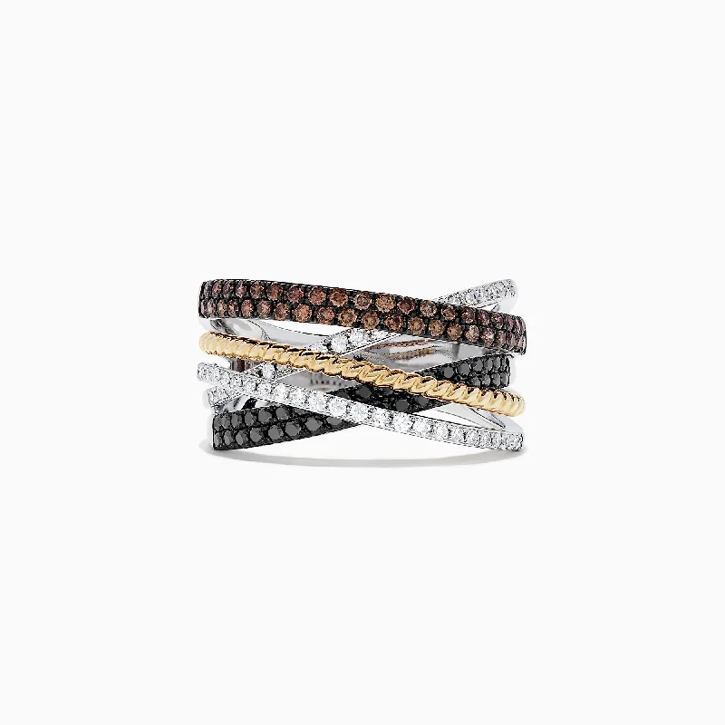 pave set women's rings -14K Tri-Color Gold Black, Brown and White Diamond Ring, 0.38 TCW