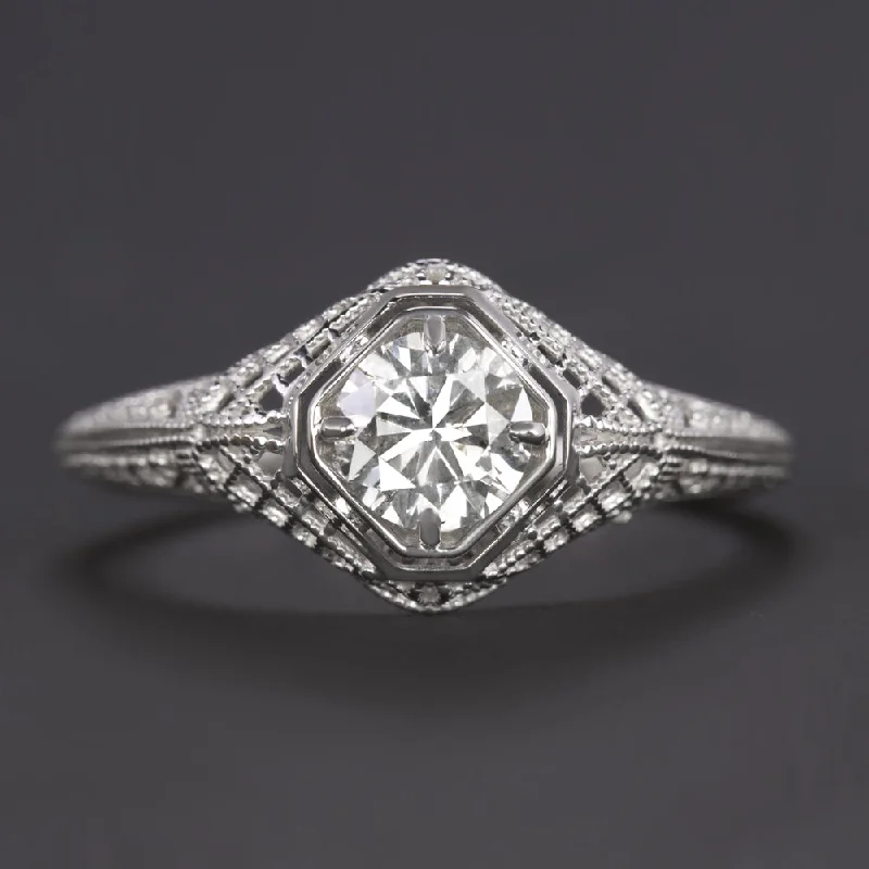 Birthstone Engagement Rings -VINTAGE STYLE DIAMOND ENGAGEMENT RING 0.51ct ROUND 14k WHITE GOLD FILIGREE 1/3ct