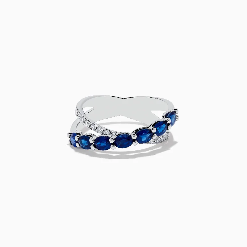 round-cut women's rings -Royale Bleu 14K White Gold Blue Sapphire and Diamond Crossover Ring