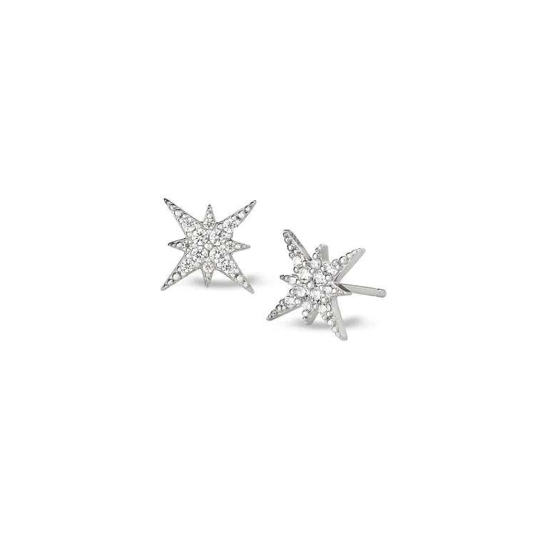 Ladies Infinity Earrings -Platinum Finish Sterling Silver Micropave Starburst Earrings with Simulated Diamonds