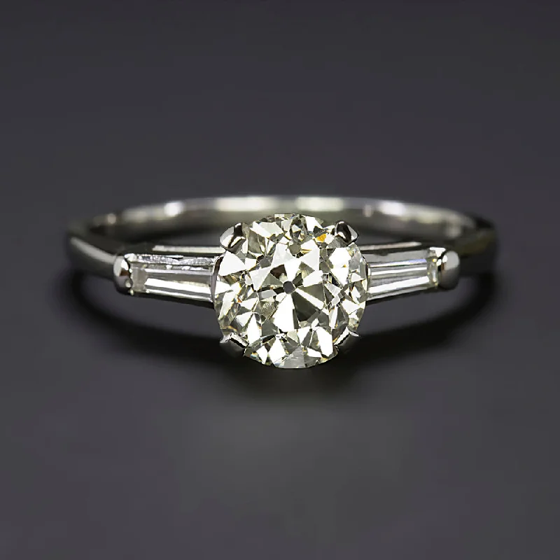 Bezel Set Engagement Rings -1.5 CARAT OLD MINE CUT DIAMOND ENGAGEMENT RING M VS1 PLATINUM BAGUETTE 3 STONE