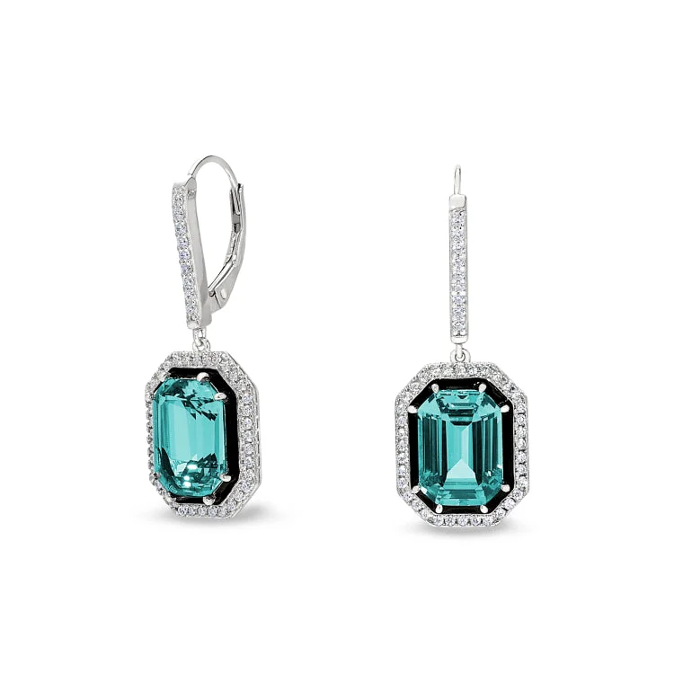 Ladies Minimalist Earrings -Platinum Finish Sterling Silver Micropave Black Enamel & Aqua Spinel Octagon Earrings with Simulated Diamonds