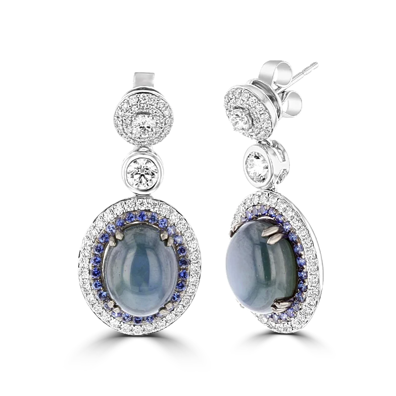 Ladies Polished Earrings -JULEVE 13.96CT SAPPHIRE & DIAMOND HALO EARRINGS