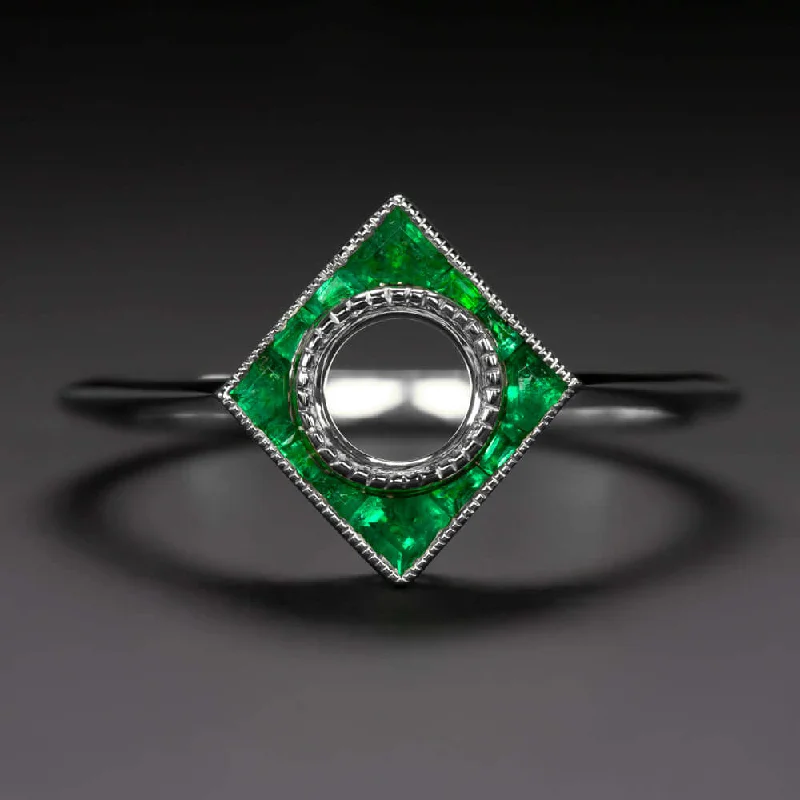 Multi-Stone Engagement Rings -EMERALD 5mm ROUND ENGAGEMENT RING SETTING MOUNT VINTAGE STYLE ART DECO CALIBRE