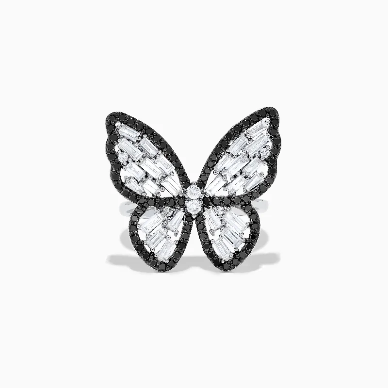 fashion women's rings -Nature 14K White Gold Black and White Diamond Butterfly Ring