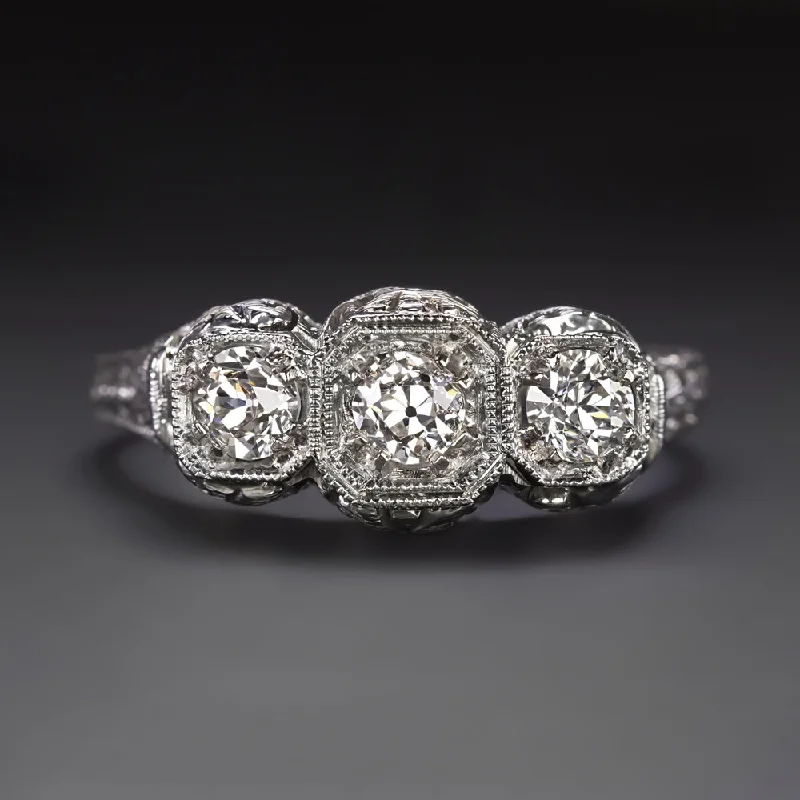 Cushion Cut Engagement Rings -ART DECO VINTAGE DIAMOND RING OLD EUROPEAN CUT G-H VS 18k ENGRAVED ENGAGEMENT