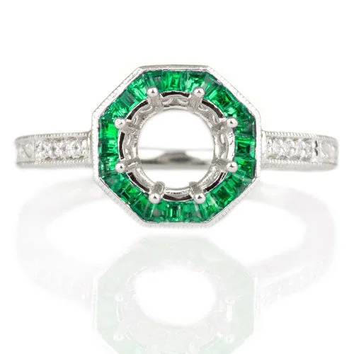 Raw Diamond Engagement Rings -VINTAGE GREEN EMERALD HALO DIAMOND SEMI-MOUNT ENGAGEMENT RING ROUND SETTING 14K