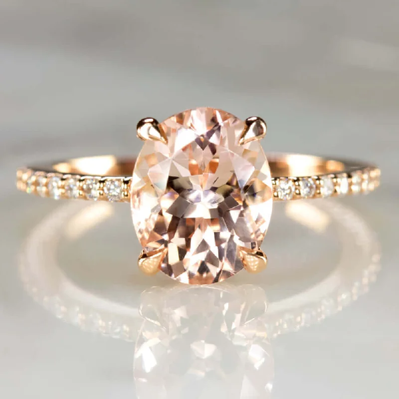 Flashy Engagement Rings -2.3c MORGANITE ENGAGEMENT RING DIAMOND PAVE BAND OVAL CUT ROSE GOLD PINK CLASSIC