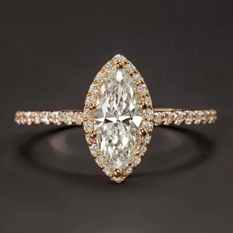 Heavy Engagement Rings -1 CARAT G SI2 MARQUISE CUT DIAMOND ENGAGEMENT RING ROSE GOLD HALO PAVE BAND 1ct