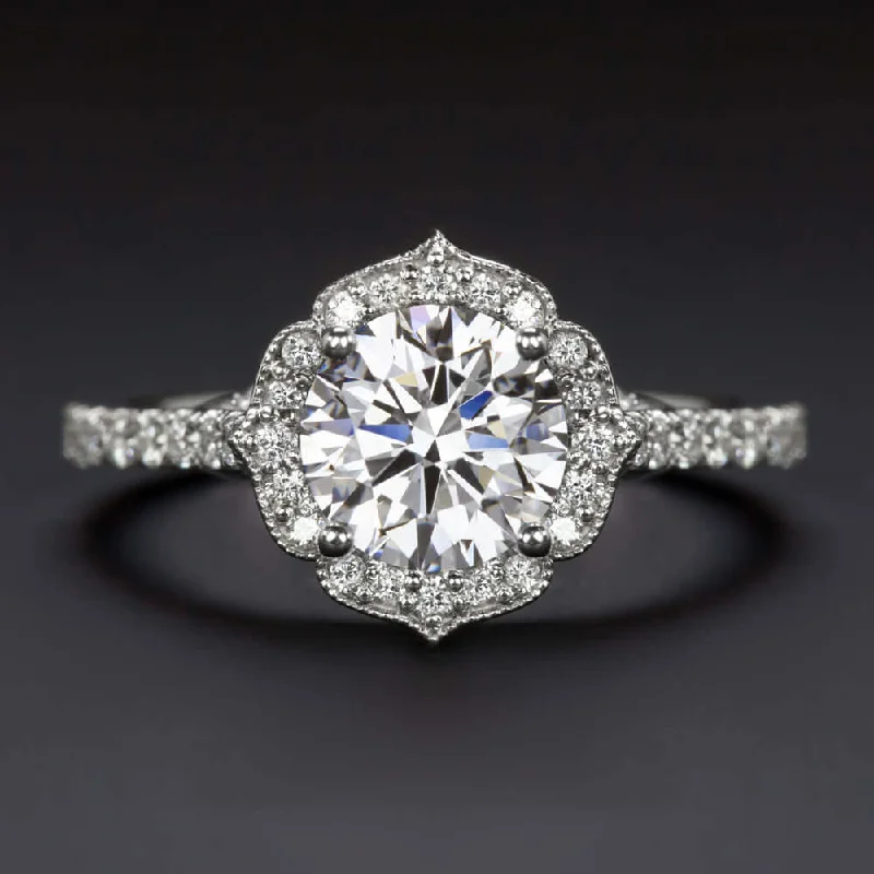 Raw Diamond Engagement Rings -1.5 CARAT LAB CREATED DIAMOND ENGAGEMENT RING VINTAGE STYLE HALO 14k WHITE GOLD