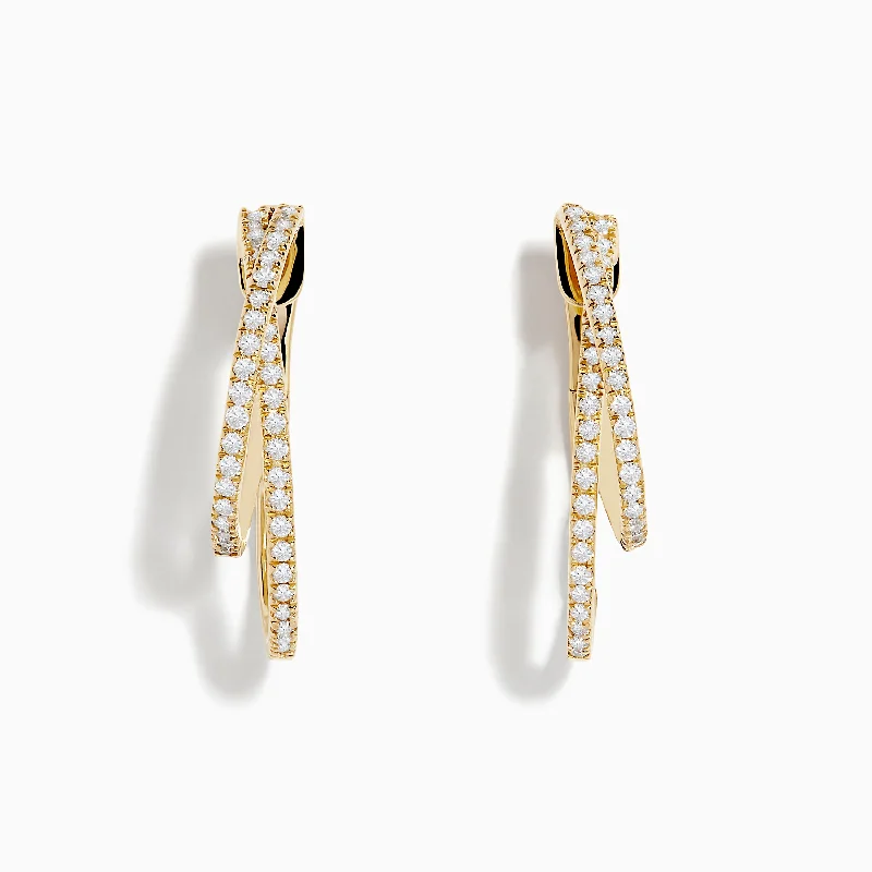 Ladies Special Occasion Earrings -D'oro 14K Yellow Gold Diamond Crossover Hoop Earrings