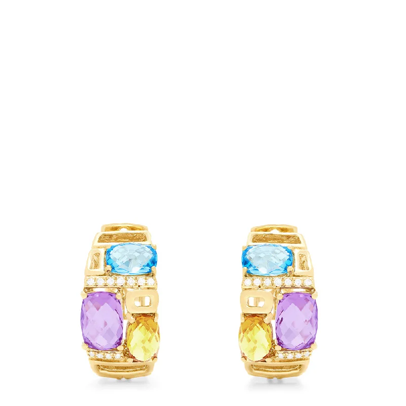 Ladies Matte Earrings -Mosaic 14K Yellow Gold Multi Color and Diamond Hoop Earrings, 4.83 TCW