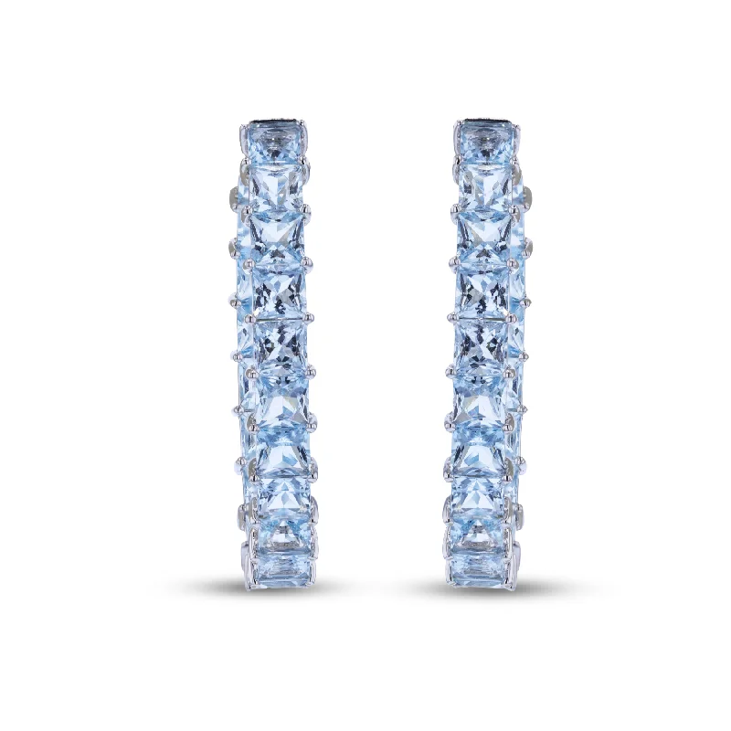 Ladies Quiet Earrings -18KT WHITE GOLD 13.41CTW AQUAMARINE OVAL HOOP EARRINGS