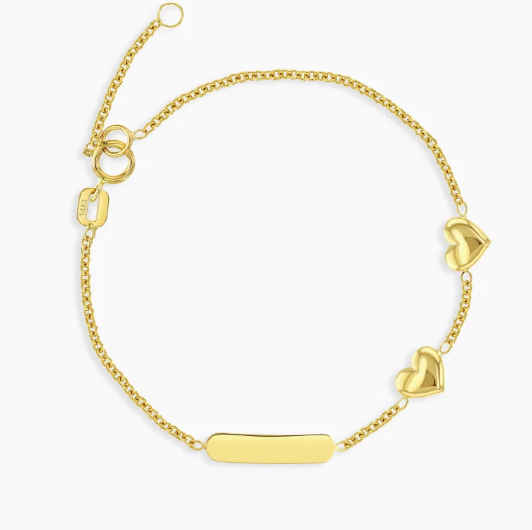 Ladies Bracelets Curved Design-Children's Engravable Gold and Puffy Heart Charm Bracelet