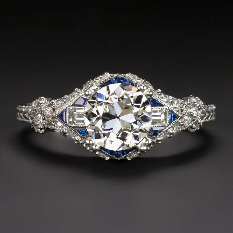 Wedding Set Engagement Rings -1.32ct GIA CERT OLD EUROPEAN CUT DIAMOND ENGAGEMENT RING SAPPHIRE VINTAGE STYLE