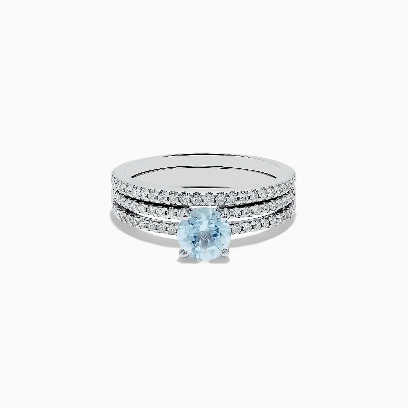 promise rings for women -14K White Gold Aquamarine and Diamond Ring and Band Set