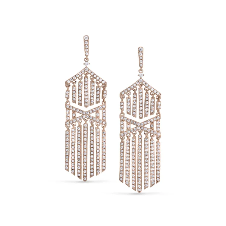 Ladies Boho Earrings -Rose Gold Finish Sterling Silver Micropave Cascade Earrings with Simulated Diamonds