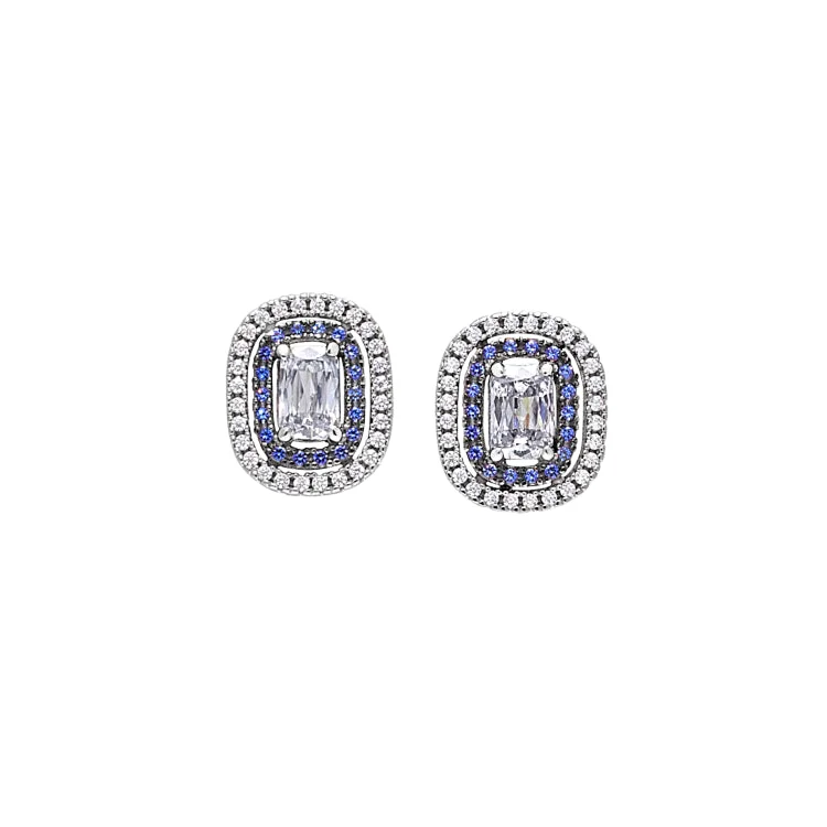 Ladies Asymmetrical Earrings -Platinum and Black Rhodium Finish Sterling Silver Micropave Earrings with Synthetic Blue Sapphire and Simulated Diamonds