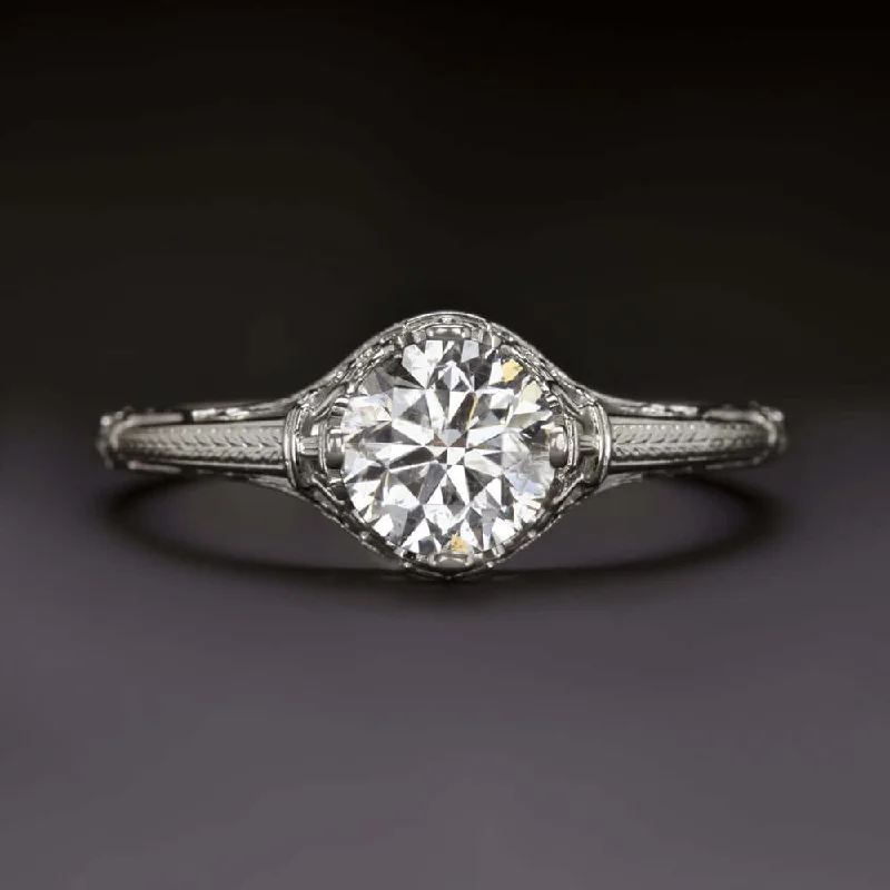 Birthstone Engagement Rings -3/4ct NATURAL DIAMOND VINTAGE STYLE ENGAGEMENT RING ROUND WHITE GOLD SOLITAIRE