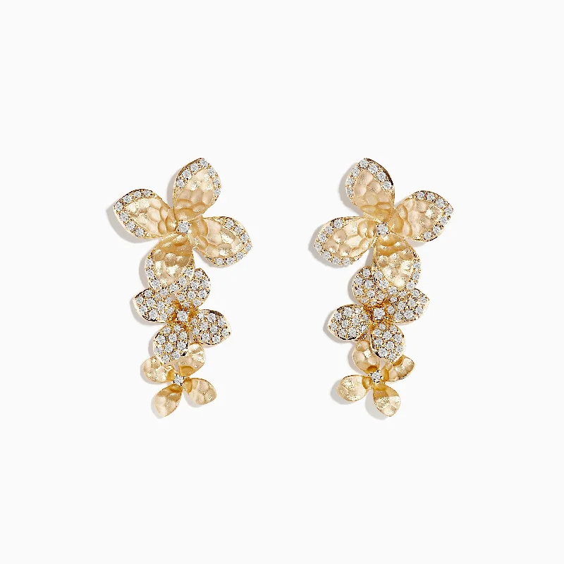 Ladies Strength Earrings -D'oro 14 Karat Yellow Gold Diamond Flower Drop Earrings