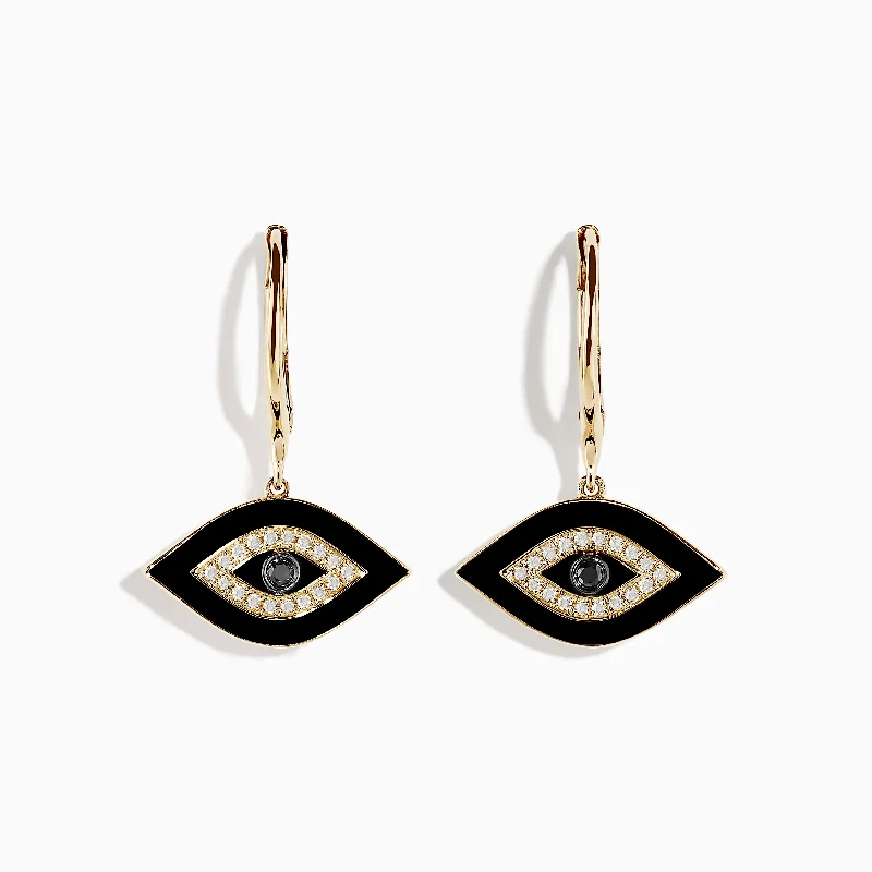 Ladies Hippie Earrings -Novelty 14K Yellow Gold Black and White Diamond Evil Eye Earrings