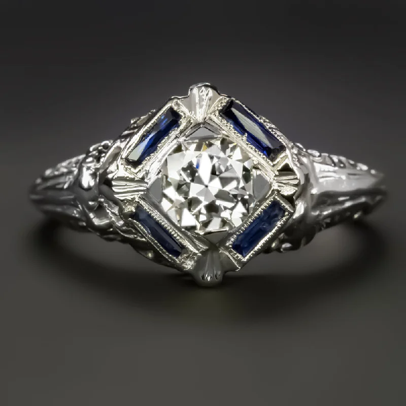 White Gold Diamond Engagement Rings -DIAMOND SAPPHIRE ART DECO ENGAGEMENT RING VINTAGE GIA CERT H VS OLD EUROPEAN CUT